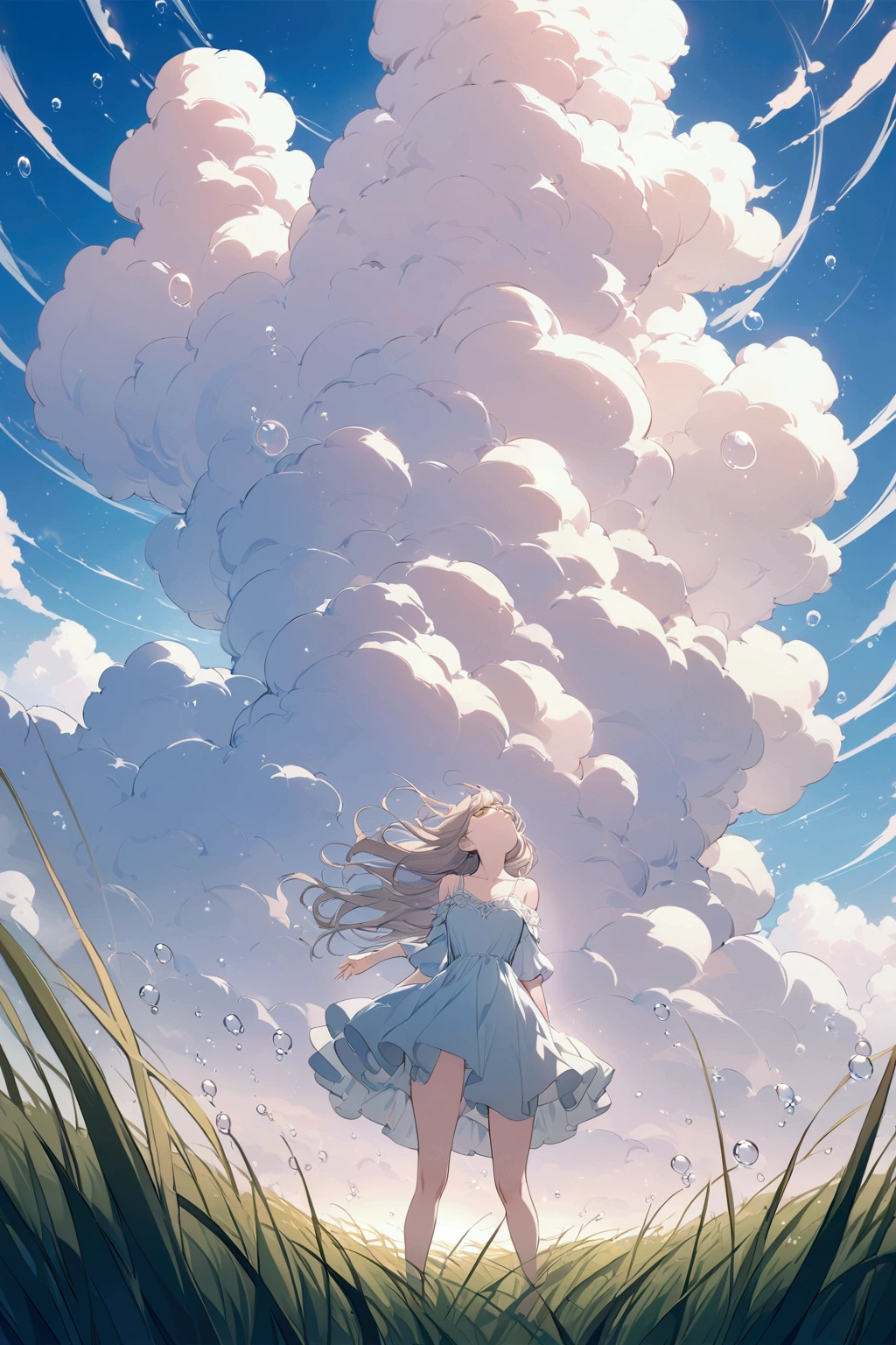(masterpiece), (best quality), (ultra detailed), anime style, a girl, standing in a field, tall grass, looking up at the sky, surrounded by bubbles, dynamic movement, wind blowing, soft pastel colors, warm sunlight, expansive blue sky, fluffy clouds, serene and peaceful atmosphere, delicate lighting