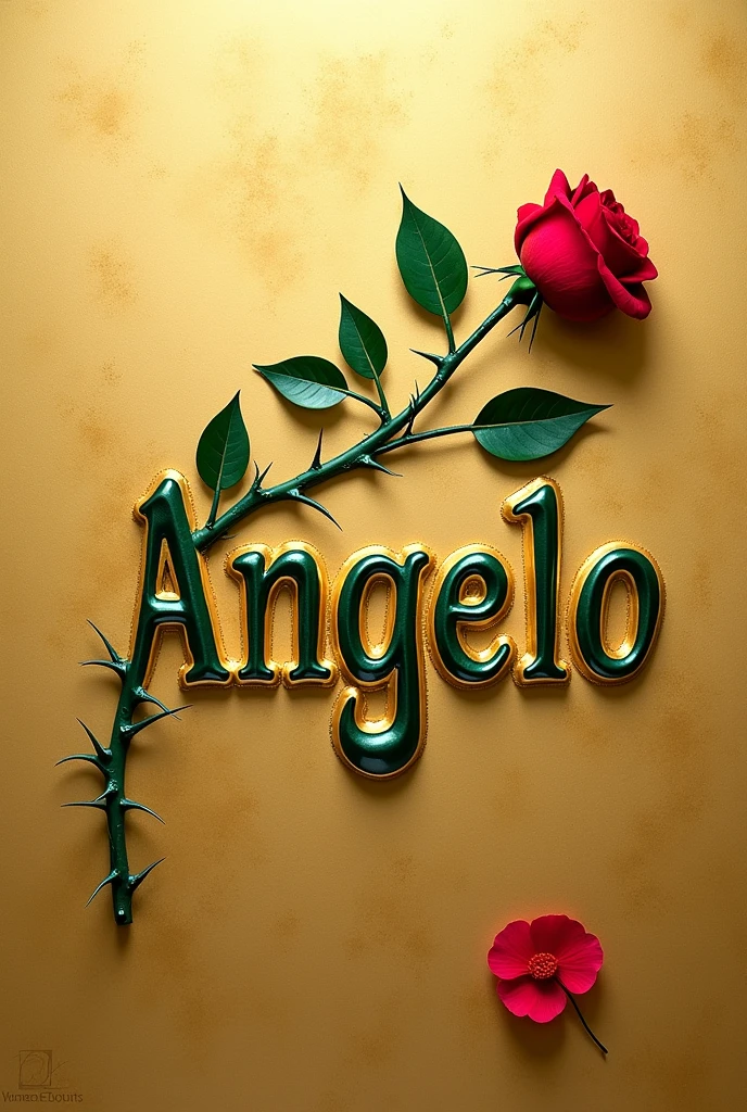 Creates an image that shows the name "Angelo" written in an elegant gold font with a green outline. The name has to be on a textured gold background. A green branch with thorns extends from the bottom of the "Â" in the name and curves above it, with a red rose in bloom at the tip. A red petal separate from the rose is also in the lower right corner of the name.