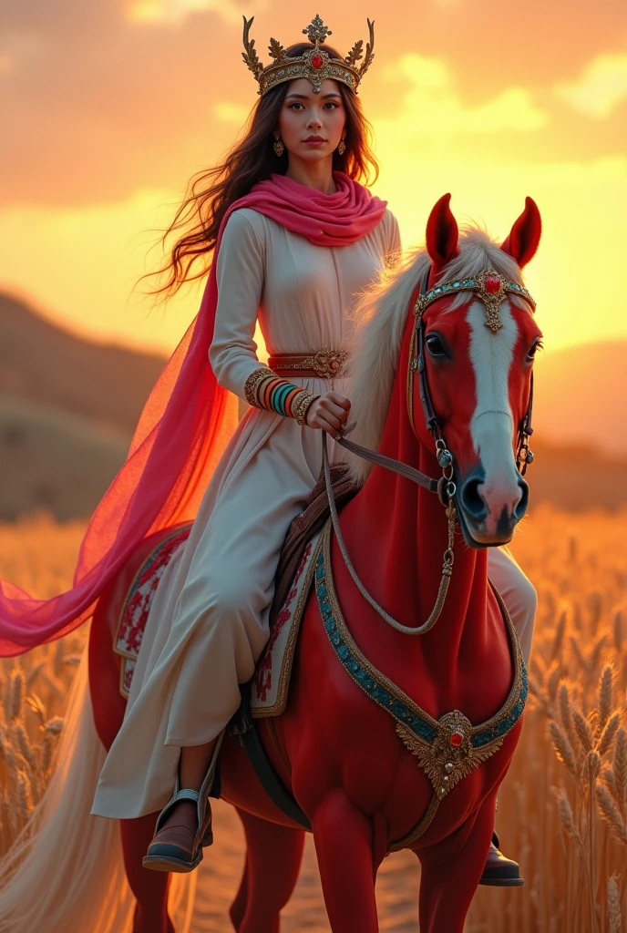 Full body woman with round face, olhos amendoados, skin fair, reasonably large forehead, wearing a flowing white dress and a pink scarf with a red crown on her head (similar to that of the kings of Israel), colorful boot, blue ring on left hand, brown bracelet on right arm, orange bracelet on left arm, green ring on right hand riding on a red and white colored mare on a farm with wheat plantation with orange sunset.