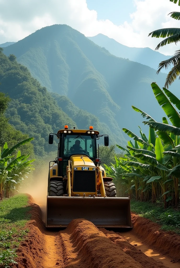 A Caterpillar 416 F2 tractor making roads in banana plantations in the mountains