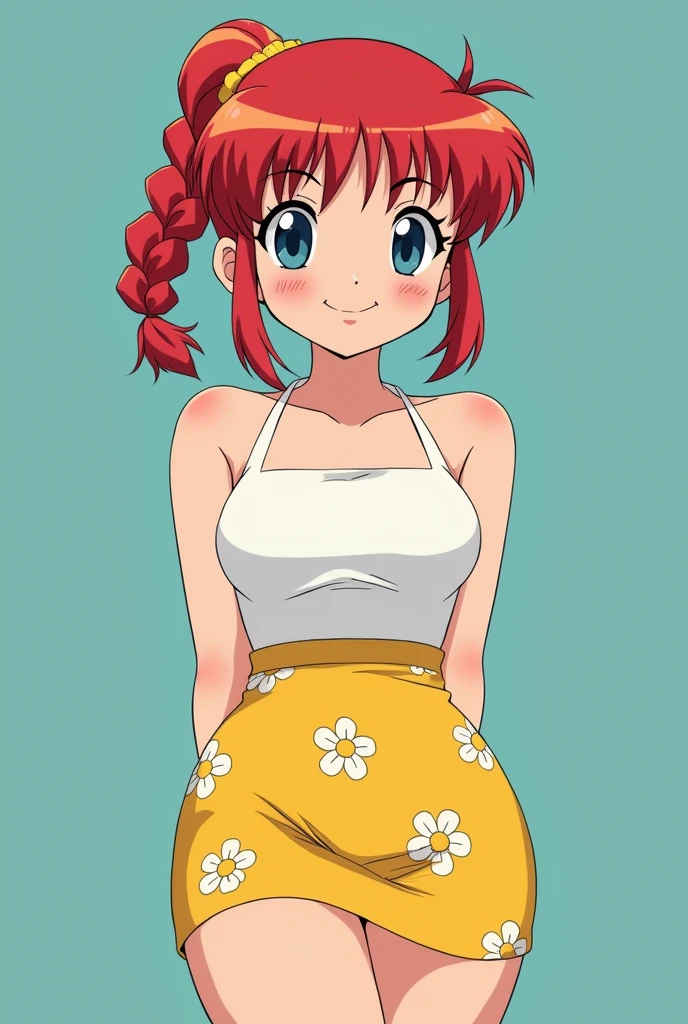 Create Female Ranma, make a girl,Clear contours, Color full-body photo, (beautiful and delicate eyes), (Nice face:1.3), ish face, Short red hair（Single pony braid）， bumpy bangs, blue gray eyes, big eyes，plump breas Fitted white halter shirt,Bottom yellow fitted skirt(actual:1.2),(Floral),   (actual上下身是:3.7 scale)，Face the camera head-on，Bend one foot slightly against the calf of the other leg。