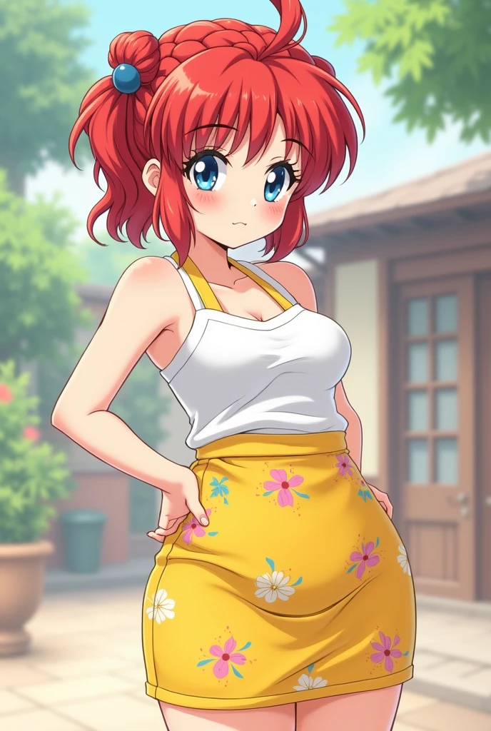 Create Female Ranma, make a girl,Clear contours, Color full-body photo, (beautiful and delicate eyes), (Nice face:1.3), childish face, Short red hair（Single pony braid）， bumpy bangs, blue gray eyes, big eyes，plump breasts，top: Fitted white halter shirt,Bottom yellow fitted skirt(actual:1.2),(Floral),   (actual上下身是:3.7 scale)，Face the camera head-on，Bend one foot slightly against the calf of the other leg。
