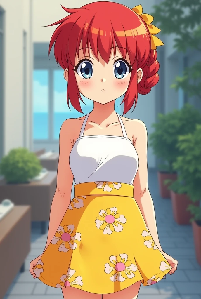 Create Female Ranma, make a girl,Clear contours, Color full-body photo, (beautiful and delicate eyes), (Nice face:1.3), childish face, Short red hair（Single pony braid）， bumpy bangs, blue gray eyes, big eyes，plump breasts，top: Fitted white halter shirt,Bottom yellow fitted skirt(actual:1.2),(Floral),   (actual上下身是:3.7 scale)，Face the camera head-on，Bend one foot slightly against the calf of the other leg。