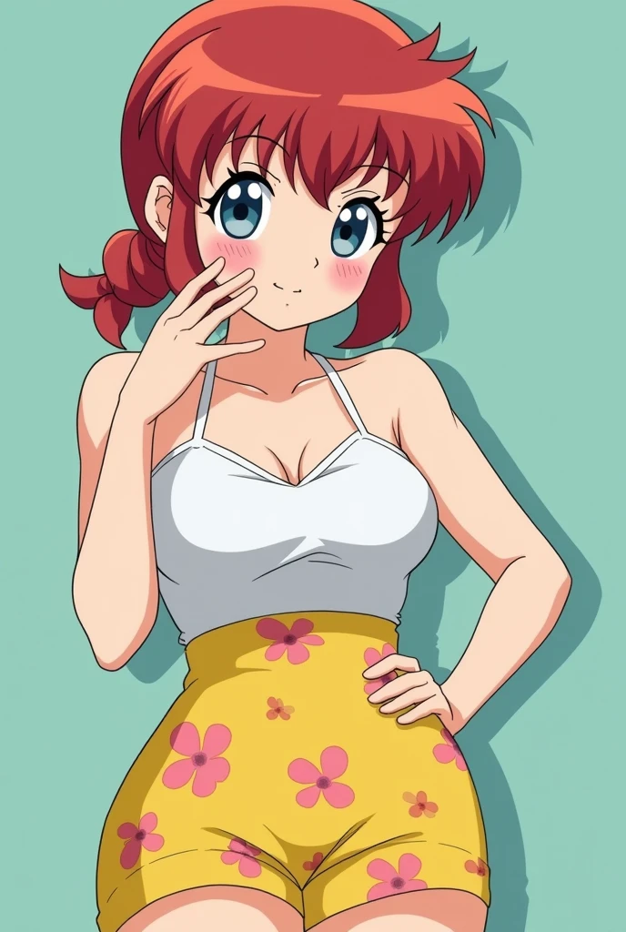 Create Female Ranma, make a girl,Clear contours, Color full-body photo, (beautiful and delicate eyes), (Nice face:1.3), childish face, Short red hair（Single pony braid）， bumpy bangs, blue gray eyes, big eyes，plump breasts，top: Fitted white halter shirt,Bottom yellow fitted skirt(actual:1.2),(Floral),   (actual上下身是:3.7 scale)，Face the camera head-on，Bend one foot slightly against the calf of the other leg。