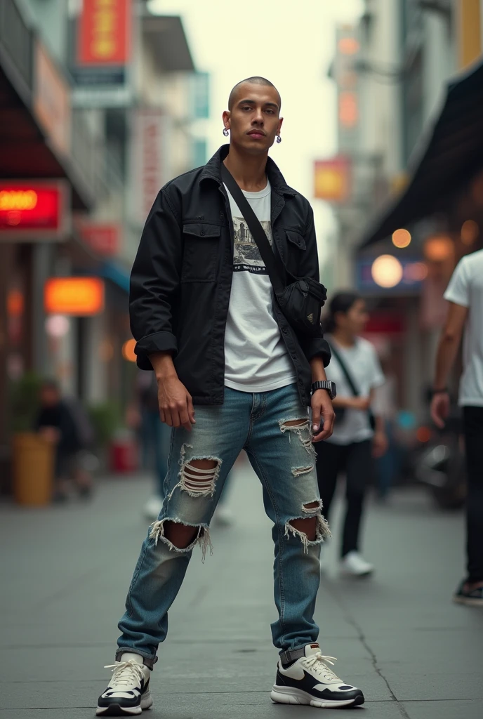 (photorealism:1.2), (lock the face). An Asian young man is very handsome(which) bald hair 1cm, posing as a fashion model on the busy streets of downtown Jakarta, wearing a black army jacket and a white screen printed t-shirt with ripped jeans, sling bag, latest nike sneaker model, handsfree, warm colors, by Greg Rutkowski, by Alphonse Mucha