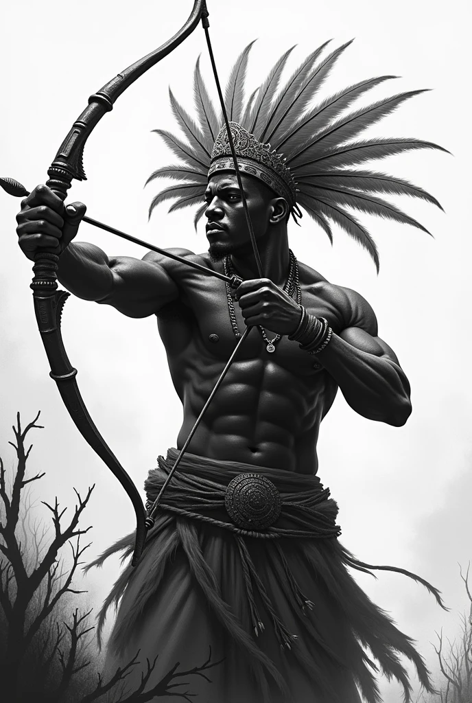 Orisha Oxossi in black and white, shooting the arrow with feathers on the head 