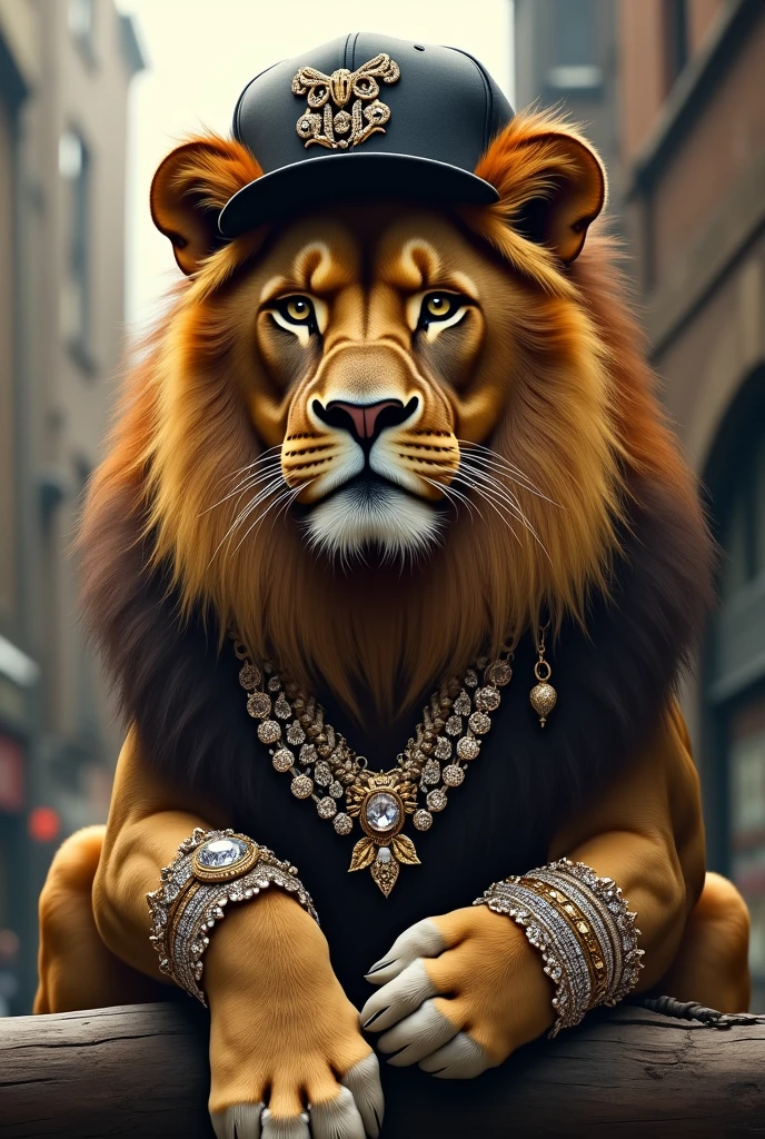 Lion with a snapback and more bling jewelry