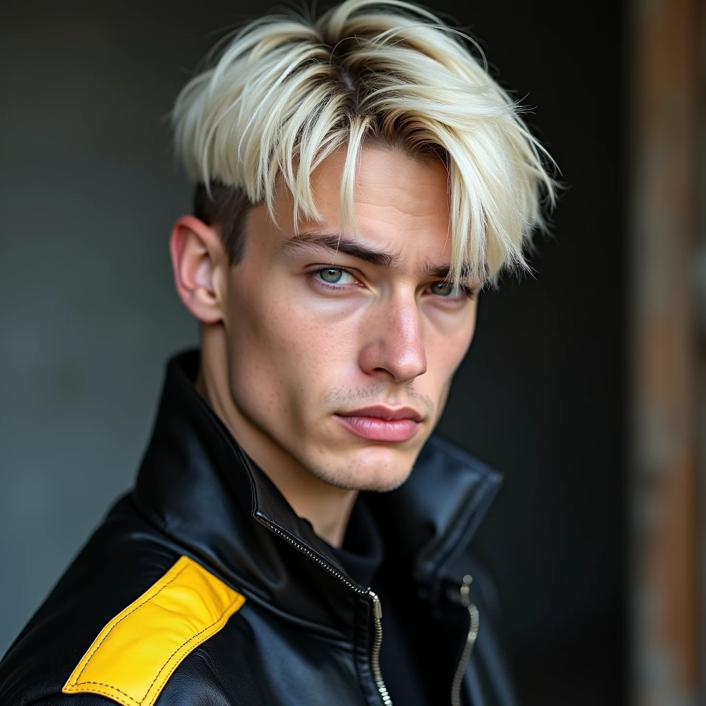 photograph head shot of an attractive 22 year-old male model, Germanic-Icelandic features, very short layered platinum blond hair, side swept bangs, pale skin tone, raised eyebrow smirk expression, 16k, extremely detailed skin. black leather jacket with yellow accents on shoulders