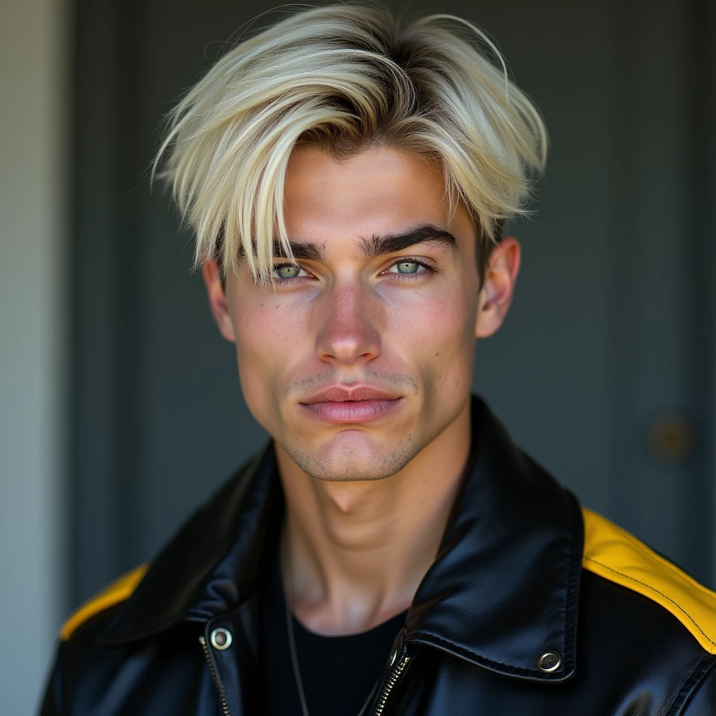 photograph head shot of an attractive 22 year-old male model, Germanic-Icelandic features, very short layered platinum blond hair, side swept bangs, pale skin tone, raised eyebrow smirk expression, 16k, extremely detailed skin. black leather jacket with yellow accents on shoulders