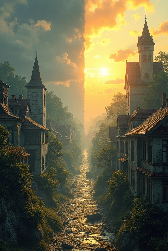 Create an image with two realities, one where there is a grey town and the other where there is a town with trees and sunshine.