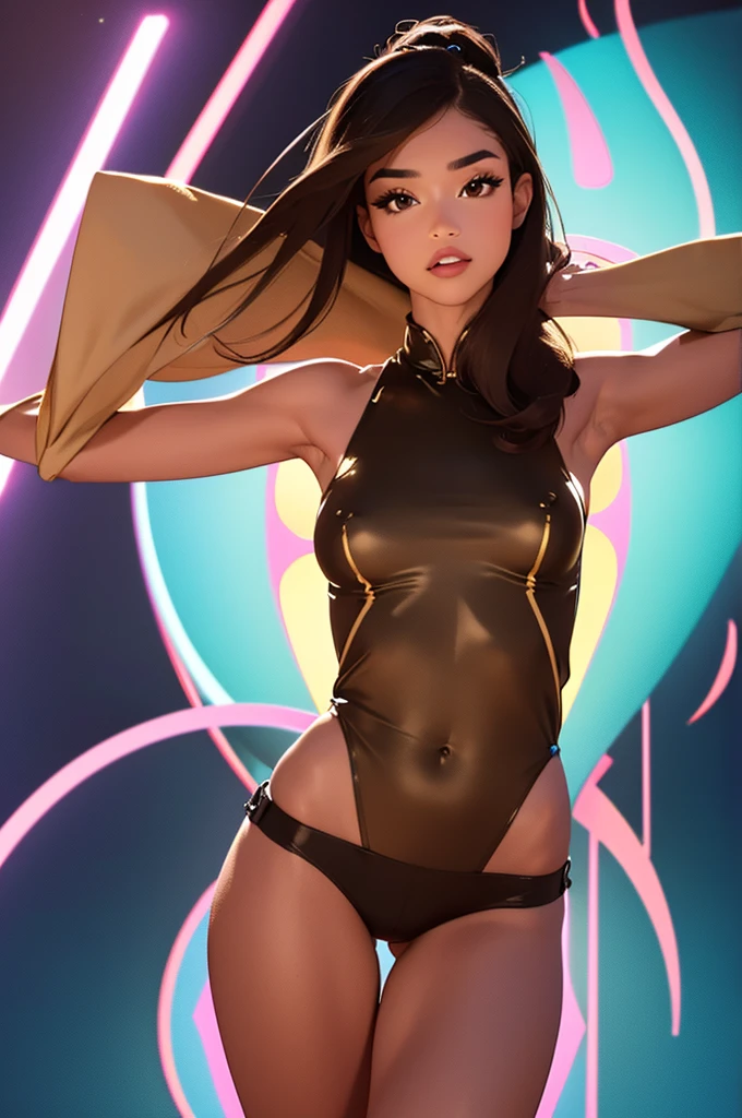 Full body portrait of Pokimane, Pokimane on Twitch, Instagram Pokimane, 1girl, tiktok model, she has a slight tan, brown hair, brown eyes, side bangs, cute hair style, realistic hair, medium long hair, straight hair, golden tan, smooth skin, youthful, teen girl, young, cute, flawless face, small head to body ratio, small head, small face, young face, cute features, thick eyebrows, flawless skin, big upper lip, lip filler, wide lips, duck-like lips, duck shaped lips, plump lips, wide lower body, big lower body, long legs, slim arms, slim waist, hourglass figure, thick thighs, wide hips, well developed hips, big hip bone, wide thigh gap, round plump breasts, plump ass, bubble-butt, big butt, short torso, short upper body, wearing girly clothes, colorful clothes with logo, tight clothes, matte textured clothing, promiscuous, curves, sexy, lewd, provocative, seductive pose, dynamic pose, high quality portrait, full body shot, artwork, masterpiece, high resolution, 8k