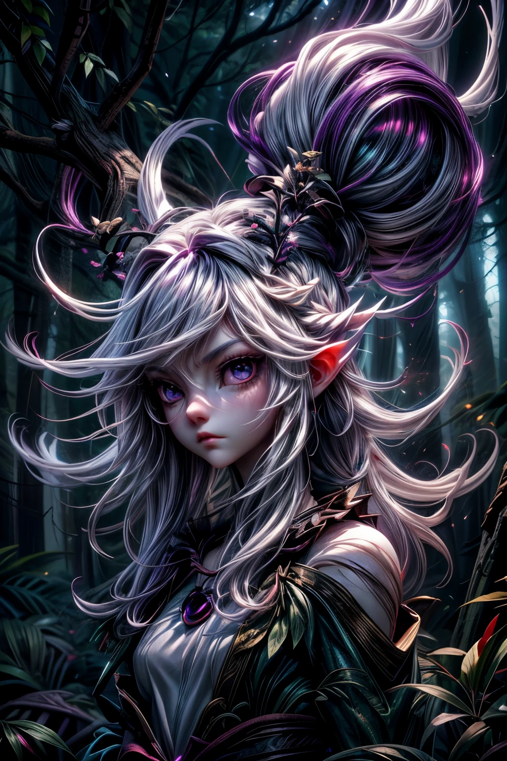 appearance of a ager,Eyes red,Calm,quiet,cute,bonitas,whole body,looking straight ahead,hair white,hair violet,creature of nature,spriggan style,efreet,crazy,serious look,tree,dryad,forest background