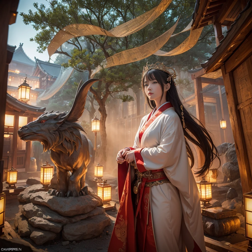 (8K, RAW Photo, Top Quality, Refined Details, Masterpiece: 1.2), (High Resolution 8K Wallpaper), Sharp Focus, Professional Lighting, Depth of Field, Cinematic Lighting, Background Blur,A scene featuring divine beasts and shrine maidens, inspired by Japanese mystical tales.