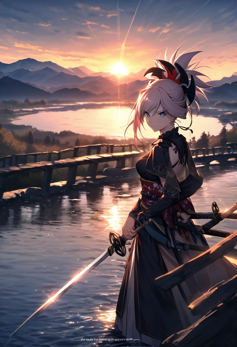 On an old bridge lit by the setting sun、Miyamoto Musashi with swords in both hands、Taking a dual-sword stance。His posture is stable、The swords in his hands reflect the light sharply at different angles.。There is silence all around.、In the background is a flowing river and a hazy mountain in the distance.々is vaguely visible。The innovative nature of his dual wielding style is expressed through his calm expression.