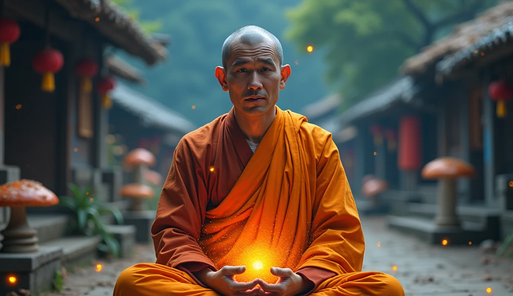 buddhist monk meditating, looking directly at the camera, not at the center, clear facial features, bright colors, particles of light, with bright light, Mushhiv, wallpaper art, UHD wallpapers, vivid atmosphere, near a house ancient village