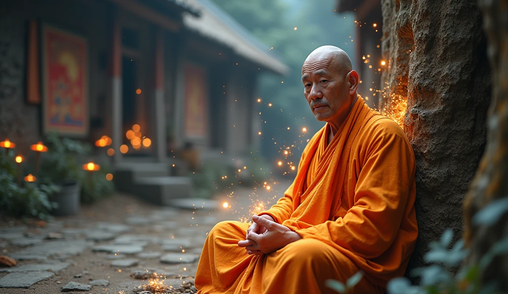buddhist monk meditating, looking directly at the camera, not at the center, clear facial features, bright colors, particles of light, with bright light, Mushhiv, wallpaper art, UHD wallpapers, vivid atmosphere, near a house ancient village