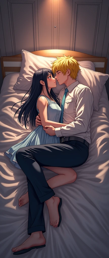 (32K:1.9, Functional:1.9, Highest quality, masterpiece, Ultra-high resolution), Perfect dynamic composition:1.3, Highly detailed skin and facial textures:1.3, (Cute sexy slim Japanese schoolgirl, Height: 155cm), (Slim man, Length 180cm), ((Both of them lie on the bed, A man gives a woman a pillow:1.3, to kiss:1.4)), Fair skin, ((Clarity:1.1)), (The guy has a great uniform:1.3, Bright yellow hair, beautiful目:1.3), (The woman is wearing a uniform with a light blue tie..:1.3, Straight black hair.:1.3, smile:0.9, A man completely charms a woman:0.9, beautiful Blue Eyes, beautiful, Clear Eyes:0.8), Sexy Face:0.4, blush:1.1, (beautifulエロティシズムを醸し出す雰囲気:0.8, Professional random camera work, Cinematic Lighting Effects, romantic, mysterious), (Too erotic), Object of admiration, original, dramatic, artistic, Innovative, charm, Heartful, Fancy, Tilt, sense of loss, special, exciting, Extreme, sense of openness, joy, joyの表現, ((若さのcharm, 女性的なcharm))