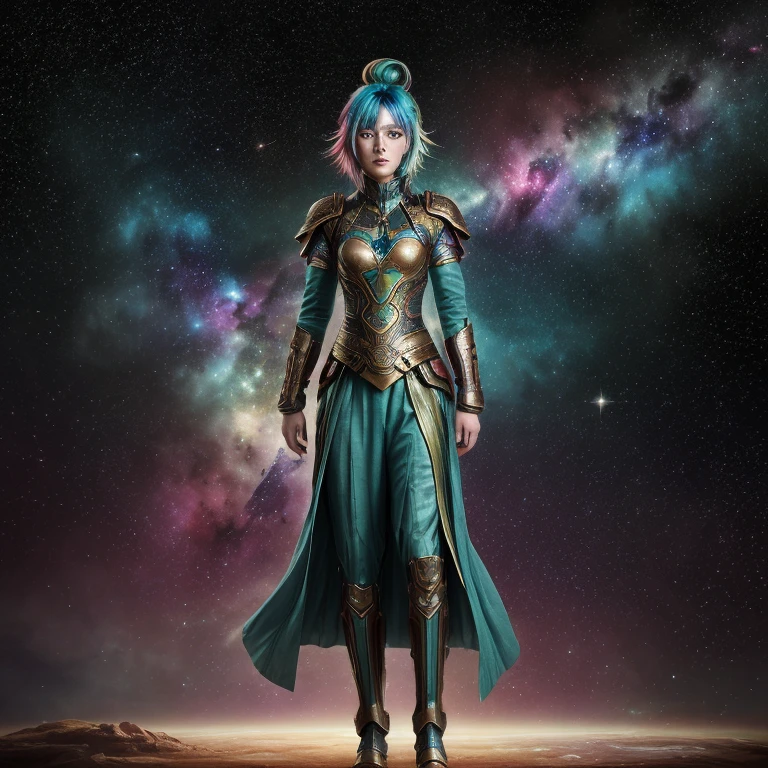 women with rainbow colored hair and teal detailed armor, standing, rainbow colored cosmic nebula background, stele, galaxies, details Intricate, face perfect