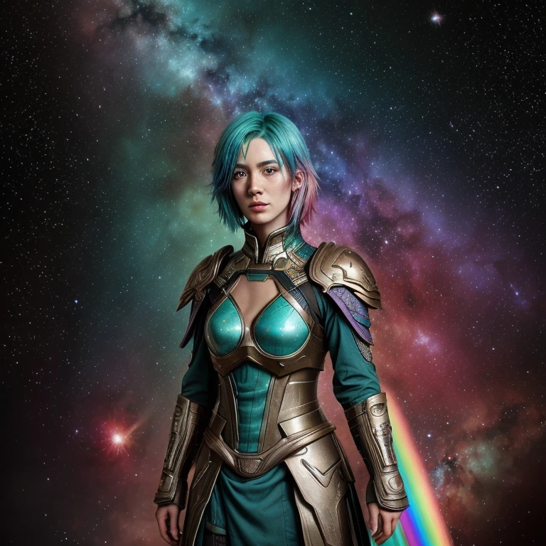 women with rainbow colored hair and teal detailed armor, standing, rainbow colored cosmic nebula background, stele, galaxies, details Intricate, face perfect