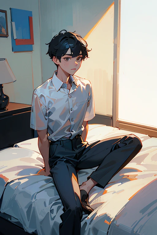 ((Highest quality)), ((masterpiece)), (detailed), 1 young man、panic、Embarrassing、20 years old、A half-removed shirt、See-through clothing、Black trousers、good looking、Perfect Face、Sit on the bed、look up、View here、Perfect body structure、Put your arms behind your back
