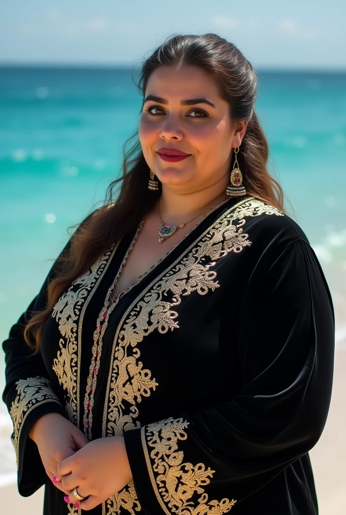 Close up, woman, plump, wearing a black velvet caftan jacket with gold embroidered details on the shoulders and cuffs, arabesque, embroidered, holding the Algerian flag in white and green, looking directly at the camera, she is standing on the blue seashore