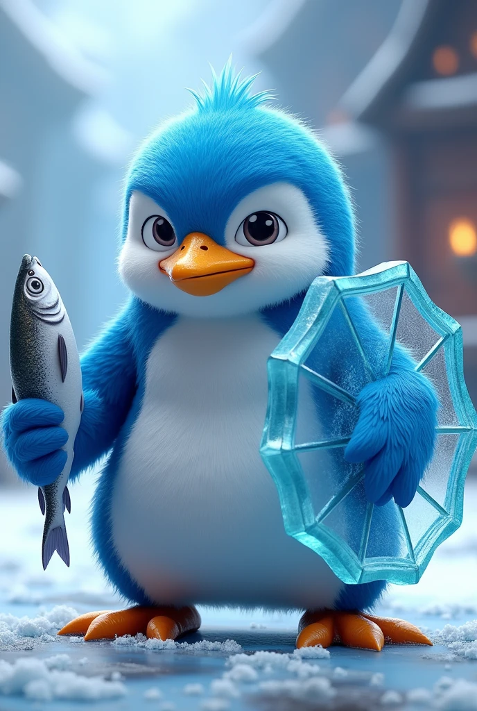 A blue penguin, from a game, 3D, facing forward diagonally with a normal fish in one hand and an ice shield in the other, A warrior
