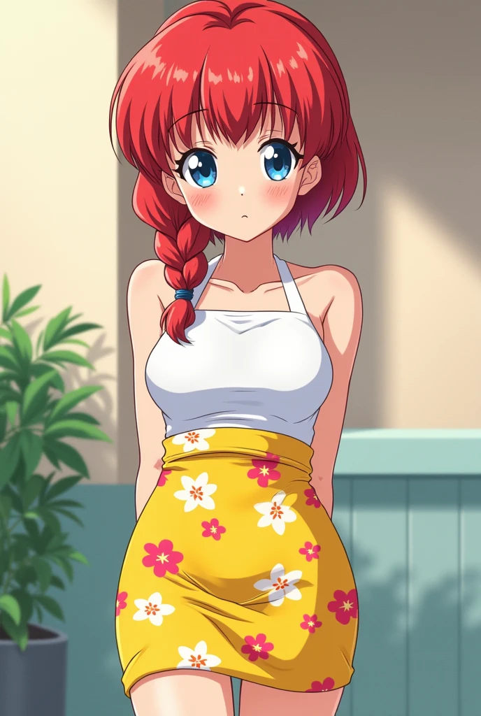 Create Female Ranma, make a girl,Clear contours, Color full-body photo, (beautiful and delicate eyes), (Nice face:1.3), childish face, Short red hair(Single pony braid), bumpy bangs, blue gray eyes, big eyes,plump breasts,top: Fitted white halter shirt,Bottom yellow fitted skirt(actual:1.2),(Floral), (actual上下身是:3.7 scale),Face the camera head-on,Bend one foot slightly against the calf of the other leg。