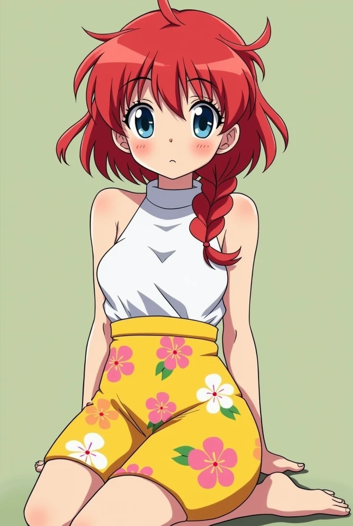 Create Female Ranma, make a girl,Clear contours, Color full-body photo, (beautiful and delicate eyes), (Nice face:1.3), childish face, Short red hair(Single pony braid), bumpy bangs, blue gray eyes, big eyes,plump breasts,top: Fitted white halter shirt,Bottom yellow fitted skirt(actual:1.2),(Floral), (actual上下身是:3.7 scale),Face the camera head-on,Bend one foot slightly against the calf of the other leg。