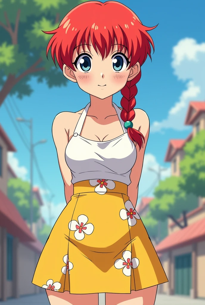 Create Female Ranma, make a girl,Clear contours, Color full-body photo, (beautiful and delicate eyes), (Nice face:1.3), childish face, Short red hair(Single pony braid), bumpy bangs, blue gray eyes, big eyes,plump breasts,top: Fitted white halter shirt,Bottom yellow fitted skirt(actual:1.2),(Floral), (actual上下身是:3.7 scale),Face the camera head-on,Bend one foot slightly against the calf of the other leg。