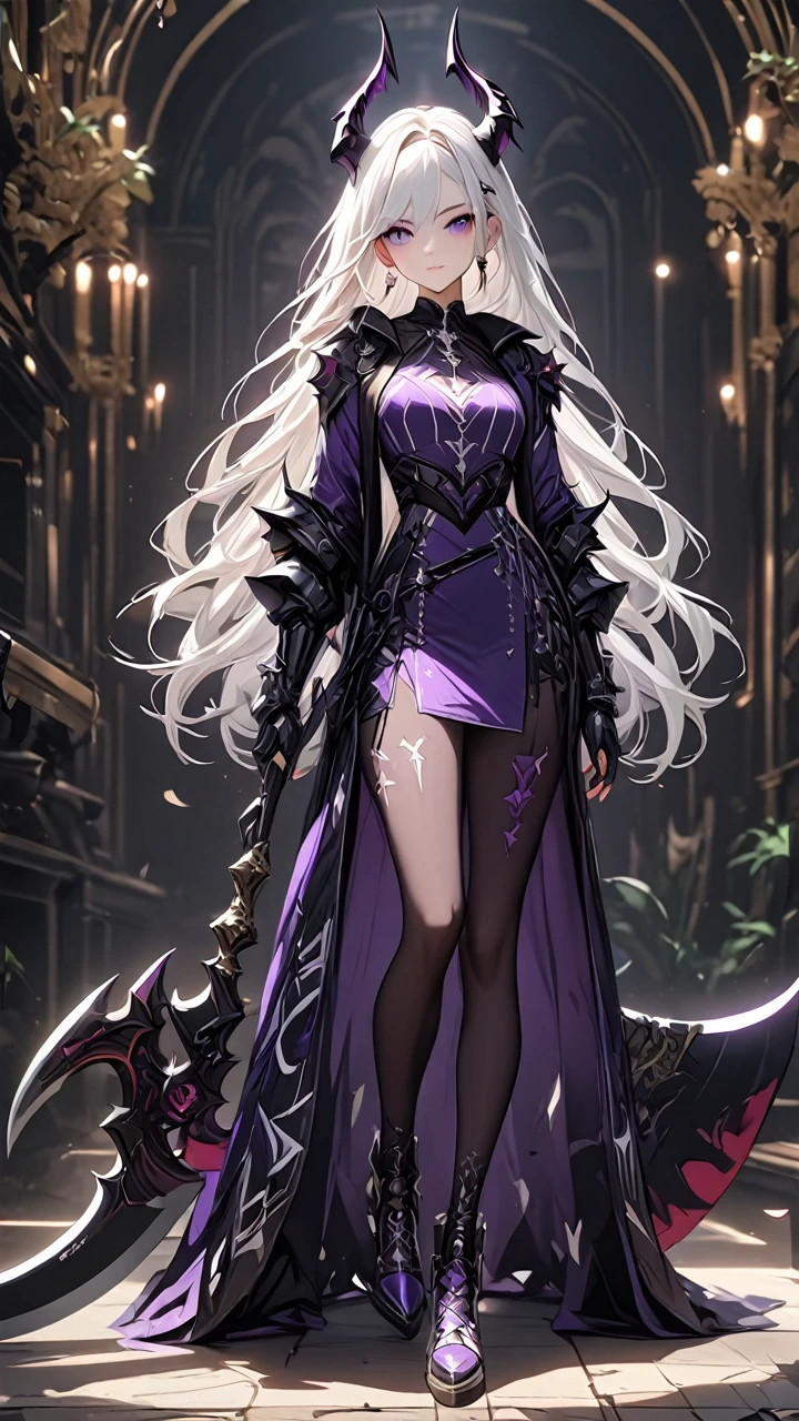 (((masterpiece, best quality, high detailed, 16k))) (1girl) A breathtakingly beautiful young girl with short stylish white hair and piercing eyes. She wears a demonic armor in purple black and white. wields a large stylized scythe. ((full body front view)), (extremely detailed:1.5)