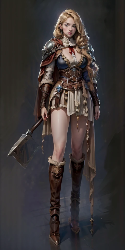 (masterpiece, best quality) (black background) full body standind straight symmetrical, FEMALE warrior princess Mercedez Von Martritz, twin big belt around waist, long curly blonde hair, very white skin, female wearing full body bikini armor with red cape, brown leather boots, adventurer outfit, veteran warrior milf bimbo