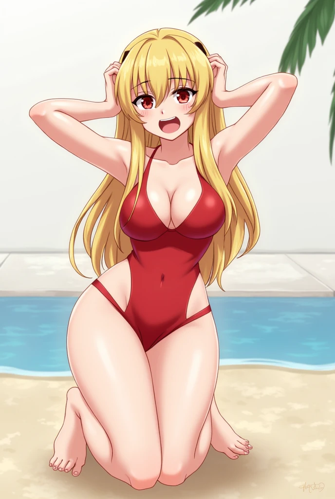Flandre scarlet showing her very fat legs and thighs in a swimsuit embarrassing herself