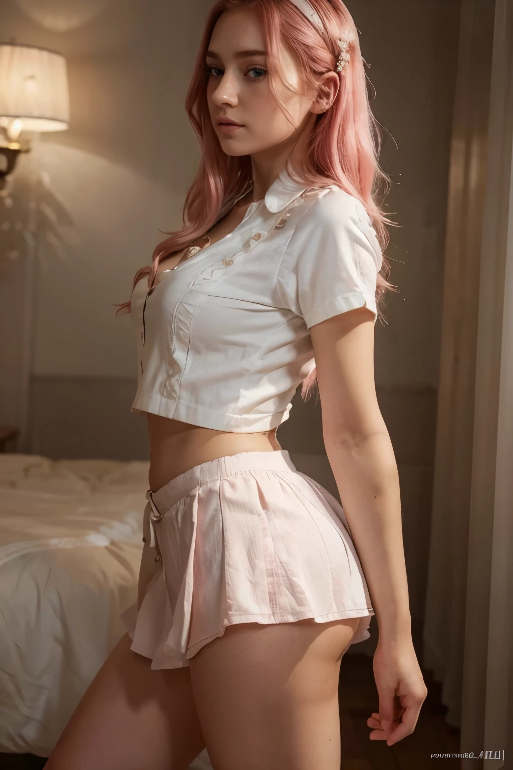 1girl, beautiful detailed eyes, beautiful detailed lips, extremely detailed eyes and face, long eyelashes, beautiful pink hair, white pleated shirt, short skirt, large hip size, mid thigh, intricate illustration, (best quality,4k,8k,highres,masterpiece:1.2),ultra-detailed,(realistic,photorealistic,photo-realistic:1.37),soft pastel colors,warm lighting,highly detailed,exquisite,delicate,random background,random scene, From Side,