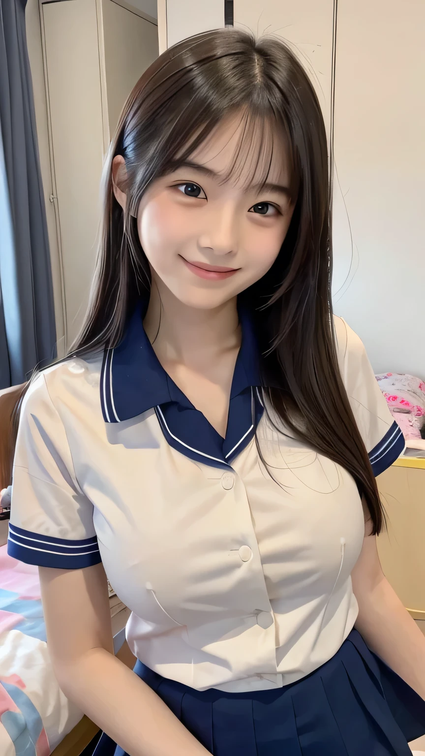 (masterpiece:1.2), a Japanese girl, (), (school uniform), bedroom, (tits), short sleeves, smiling,