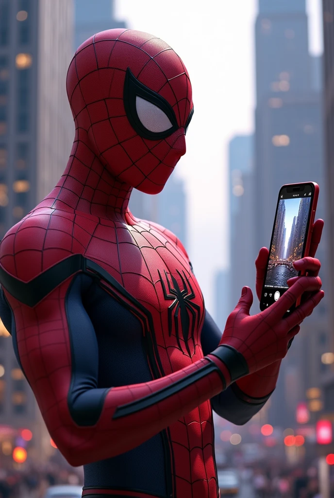 SPIDER-MAN BY MILES MORAES, SHOWING A VIDEO OF A LANDSCAPE ON THE CELL PHONE.