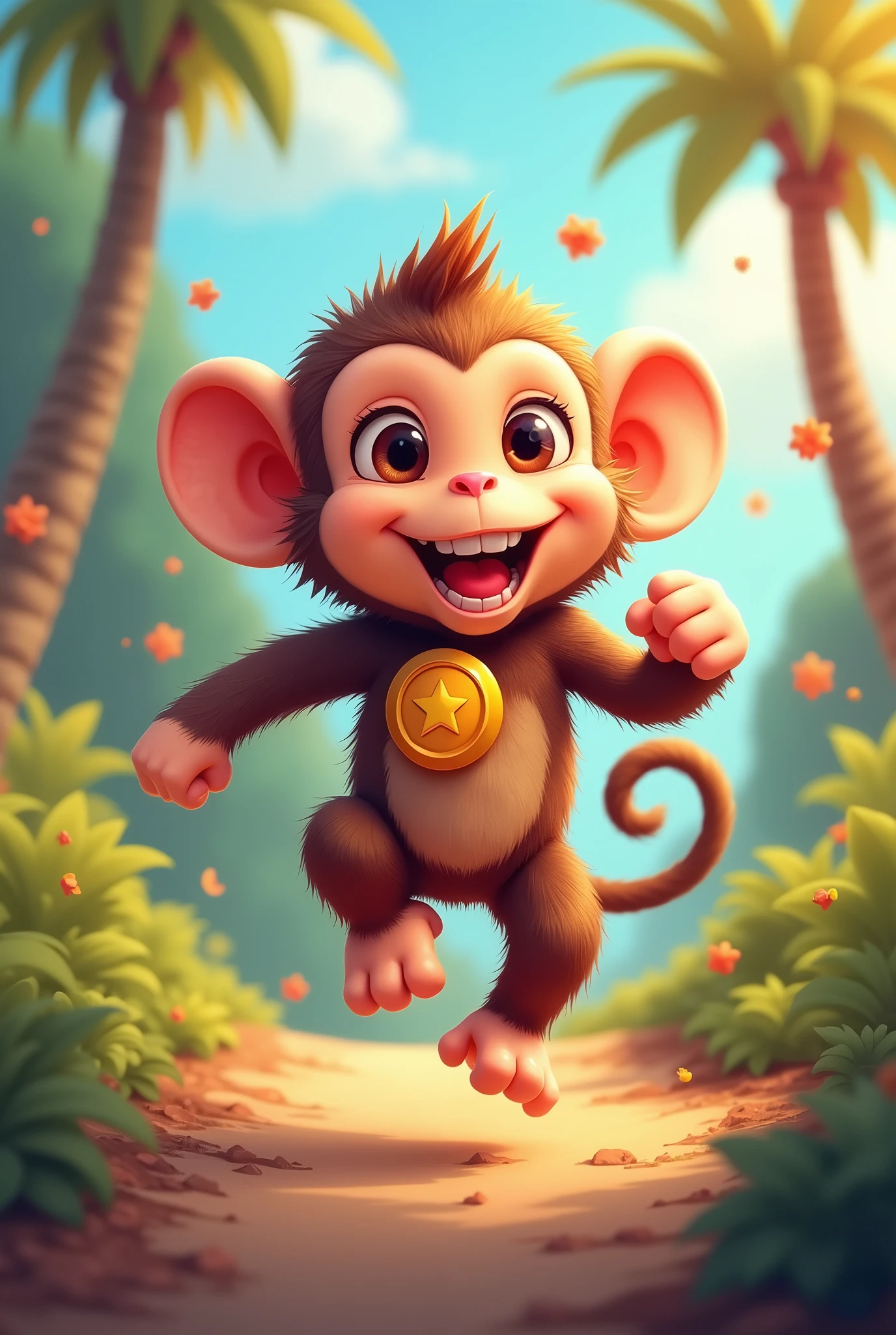 (best quality,4K,8K,high resolution,masterpiece:1.2),Extremely detailed,(Practical,Reality,Photo-real:1.37),Vector illustration,(Round badge:1.2),cute monkey,Run forward,fruit,Rich colors,Detailed texture,Lovely eyes,simple design,Vibrant colors,Smooth Gradient,Curved Shape,Programmatic form,Natural Elements,Cheerful atmosphere,Joyful atmosphere,Feeling of health,positive energy,Artistic charm,Pleasing aesthetics