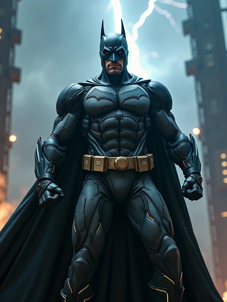 Rock Batman marvel holding the microfon singing with a background of thunder and a very rock vibes.