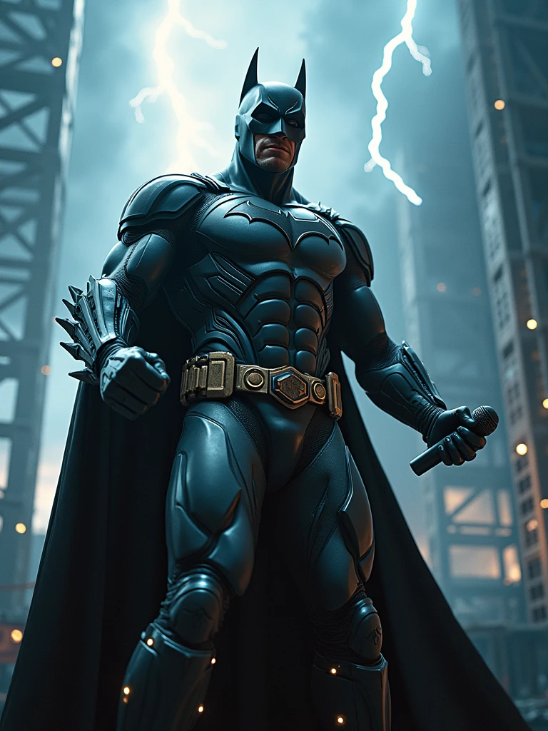 Rock Batman marvel holding the microfon singing with a background of thunder and a very rock vibes.