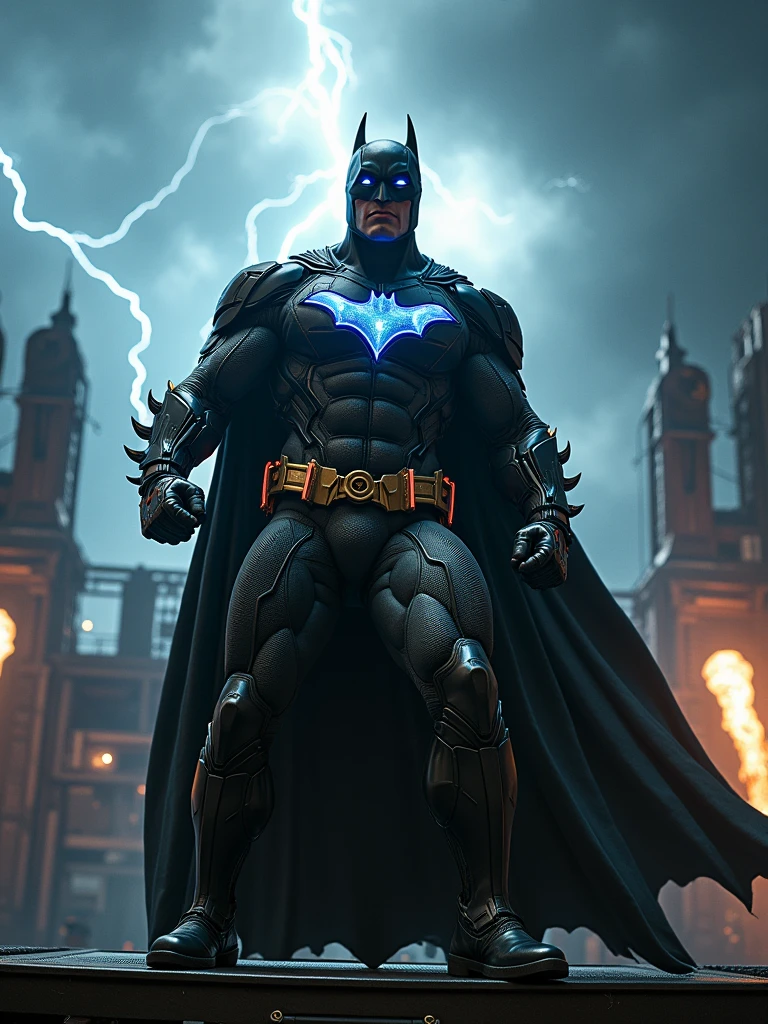 Rock Batman marvel holding the microfon singing with a background of thunder and a very rock vibes.