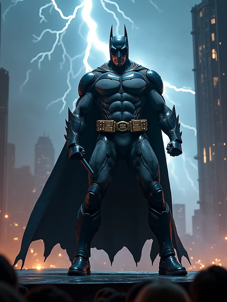 Rock Batman marvel holding the microfon singing with a background of thunder and a very rock vibes.