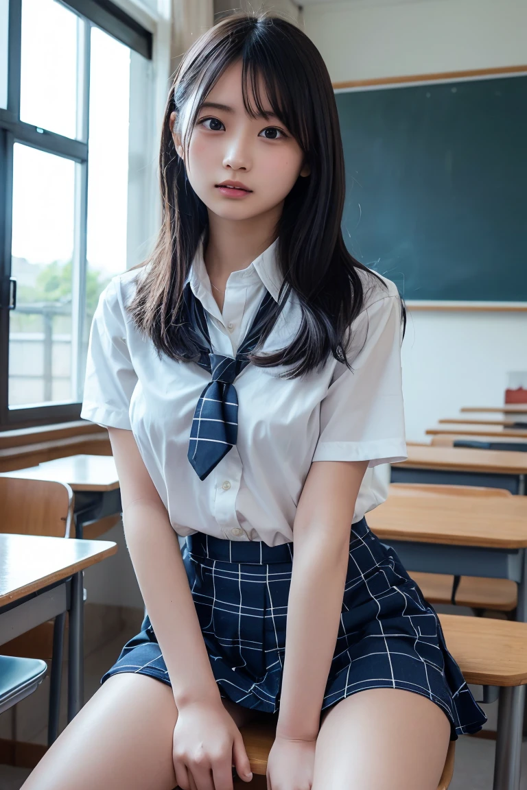 Browsing Caution,Highest quality,Ultra-high resolution,,日本人18歳女子high school student1人,whole body,Black Hair,Serious expression,Looking into the camera,Beautiful and elaborate face,Fine and beautiful skin,Skin Texture,high school student,uniform,tie,Large Breasts,Blue checked mini skirt,thigh,White panties,Between the legs,Classroom after school,Sit at a desk,Lift your knees and open your legs,Exposed crotch,Focus on the crotch,White pantiesが見える
