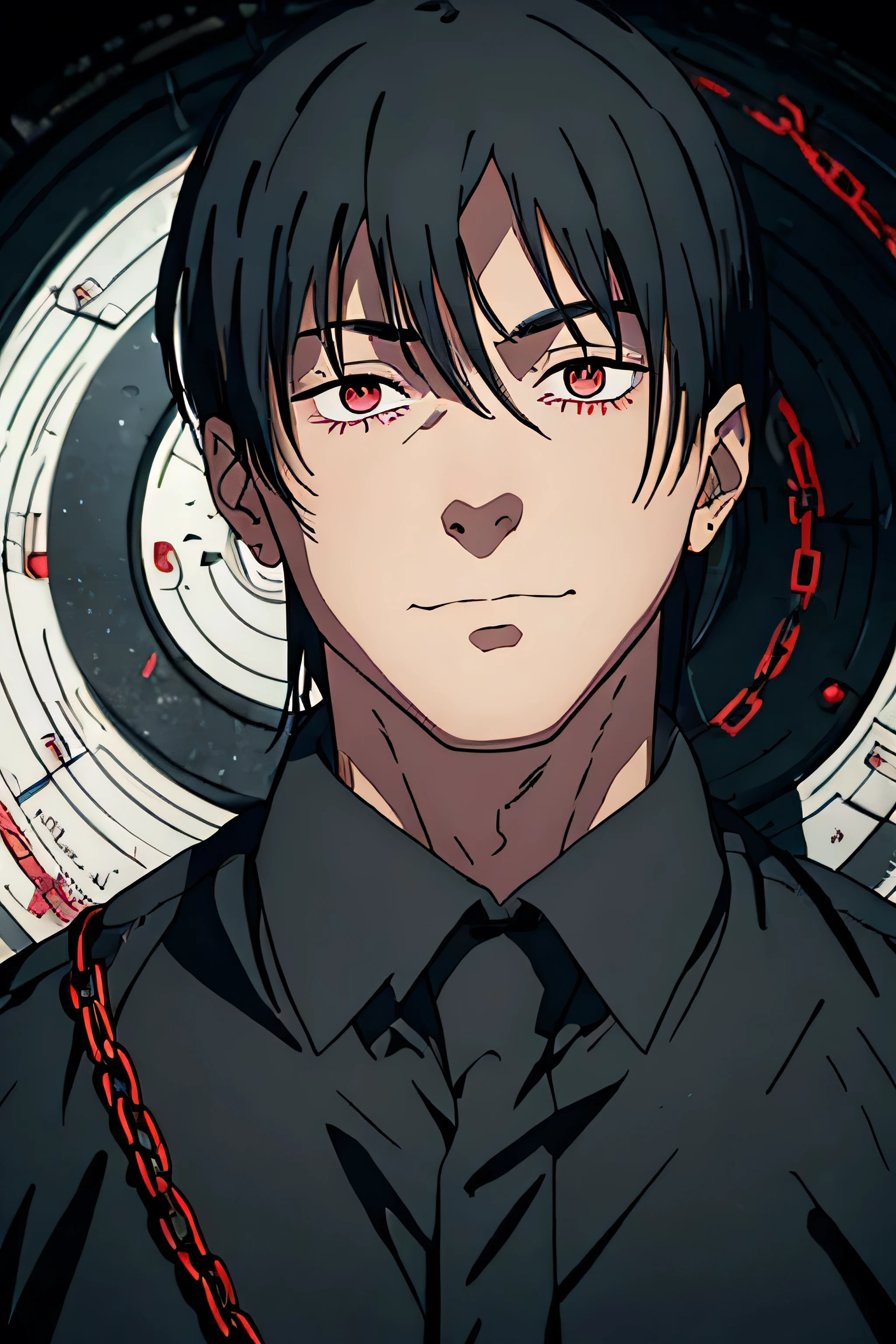 man in black suit, Bblack hair, smiling, red eye iris where the iris has circular patterns of a target with a black dot in the middle, very striking on the character, with open arms showing power, with crimson red chains and a crimson halo over his head in the anime-style style of chainsawman.