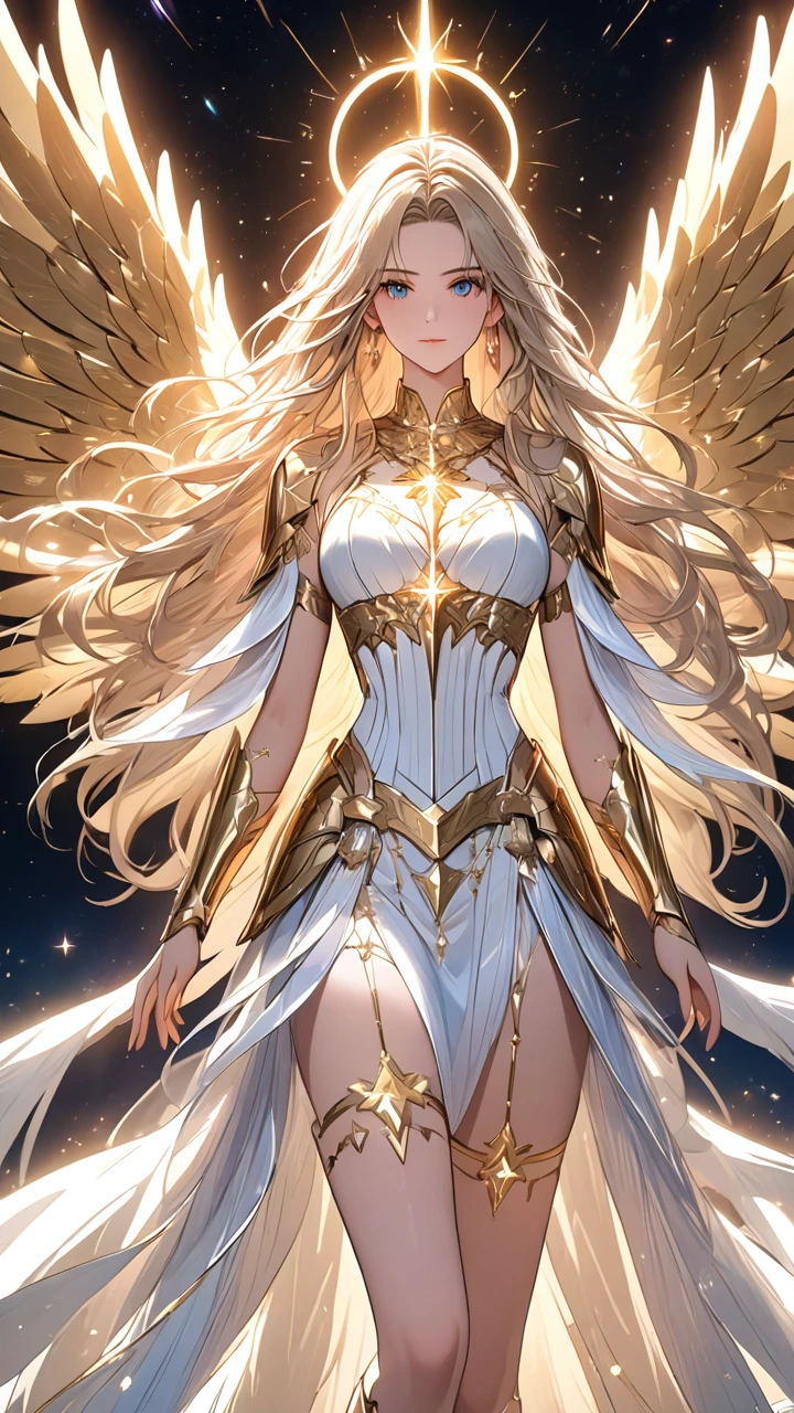 (((masterpiece, best quality, high detailed, 16k))) (1girl) A celestial girl radiating divine energy, her eyes glowing with heavenly light. Her long, flowing hair shimmers with shades of silver and gold, resembling the brilliance of the stars. She wears a celestial armor, gleaming with a blend of white and gold, adorned with intricate, ethereal patterns and symbols of divinity. The armor is both elegant and protective, with feather-like accents that give her an otherworldly appearance. Divine energy flows from her body, creating an aura of pure power and serenity. Behind her, ethereal wings of light seem to form, hinting at her celestial heritage. ((full body view))