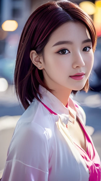 (1 gorgeous girl, white silk thin fabric sexy button shirt:1.2), Gorgeous Japanese Idol, UNIQUE KOREAN FASHION, cute,
(RAW Photos, highest quality), masterpiece,
(Realistic, Photorealistic:1.2),
very delicate and beautiful face, very detailed beautiful,
detailed nose, beautiful & detailed, cinema lighting, gentle & feminine, huge breasts underneath,
4K UHD wallpaper, wonderful, pretty, very detailed,
Very detailed CG Unity 8K Wallpaper, high resolution,
beautiful detailed lady, very detailed eyes,
soft light, bob hair, ponytail, short hair with bangs, hot pink hair, Black_Pink_Jacket,
BREAK
(SNOW: 1.2), Tokyo Shibuya, City Lights,
Perfect Body Anatomy, slender body, huge breasts, kind smile, zoom-in shot, camera focused, face to waist, Candid RNG 25%, medium shot or cowboy shot, bokeh, SFW,)