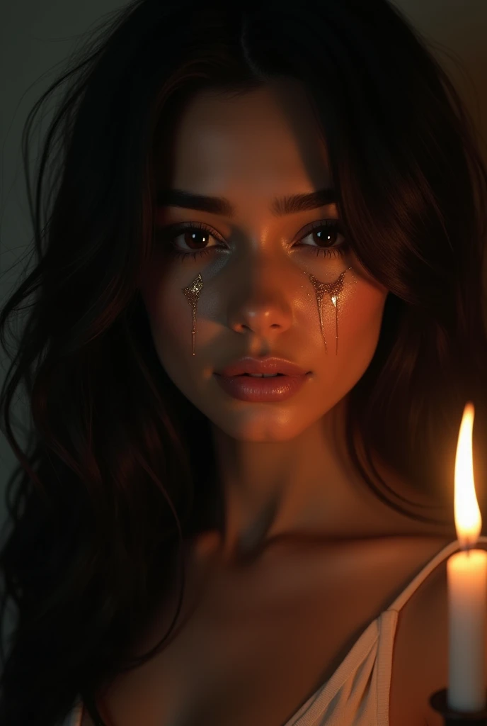 Create an image that looks like a realistic photograph of a Latina woman's face. She must have long black hair, light skin and a sad expression. Your eyes must show golden tears that shine. The background must be dark, with soft lighting from a nearby candle that highlights the details of the face and tears."