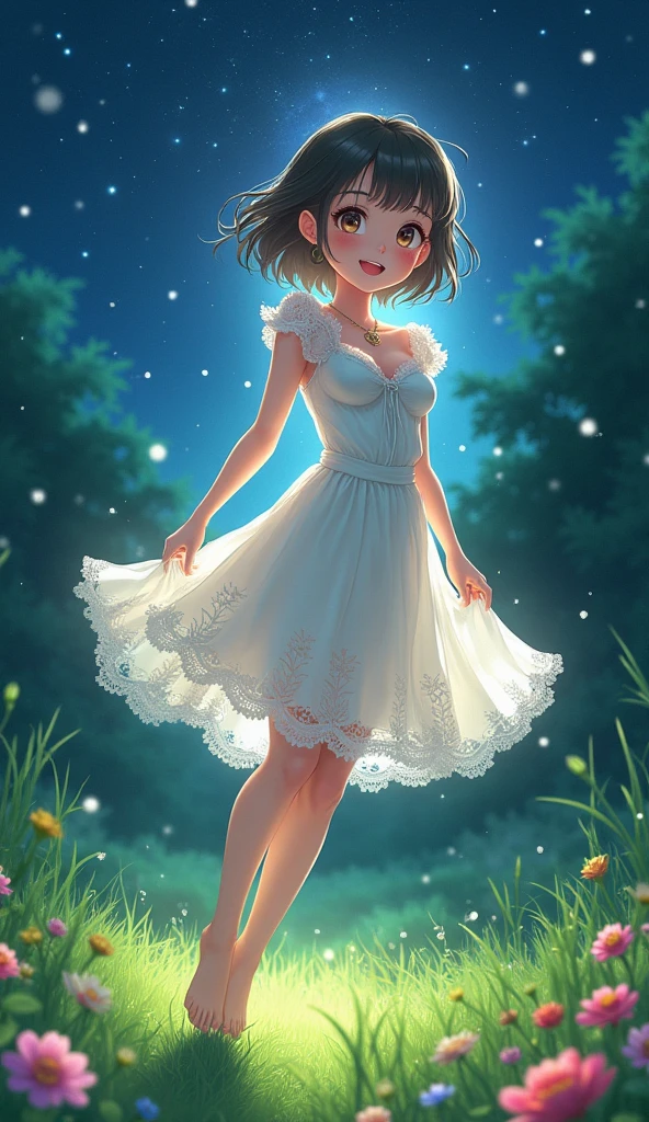 (masterpiece、Highest quality、8k、High resolution)、1 female、Beautiful eyes with slit length、Cute lips、Beautiful Nose、Brownish black hair、smile、(Best anime girl)、Green grassland with forest view、Walking,(Flying barefoot, high, high, high),Colorful flowers blooming in the field,A bright night with the stars clearly visible、milky way、Mysterious light particles from the whole body、Colorful light particles、A mysterious light shining around your head、melt、jewelry、necklace、White lace dress、(Beautiful full body style)、Highly detailed anime art、A complete portrayal、
