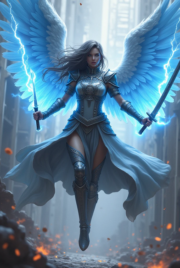 Angel Warrior (women )He masters blue lightning and uses a katana that radiates rays. His eyes shine blue light and he has a blue aura.,He has a gray armor with silver engravings and a trench coat. His wings have Egyptian letters. ( levitating in battle pose ) and ready to attack, with a look of great anger