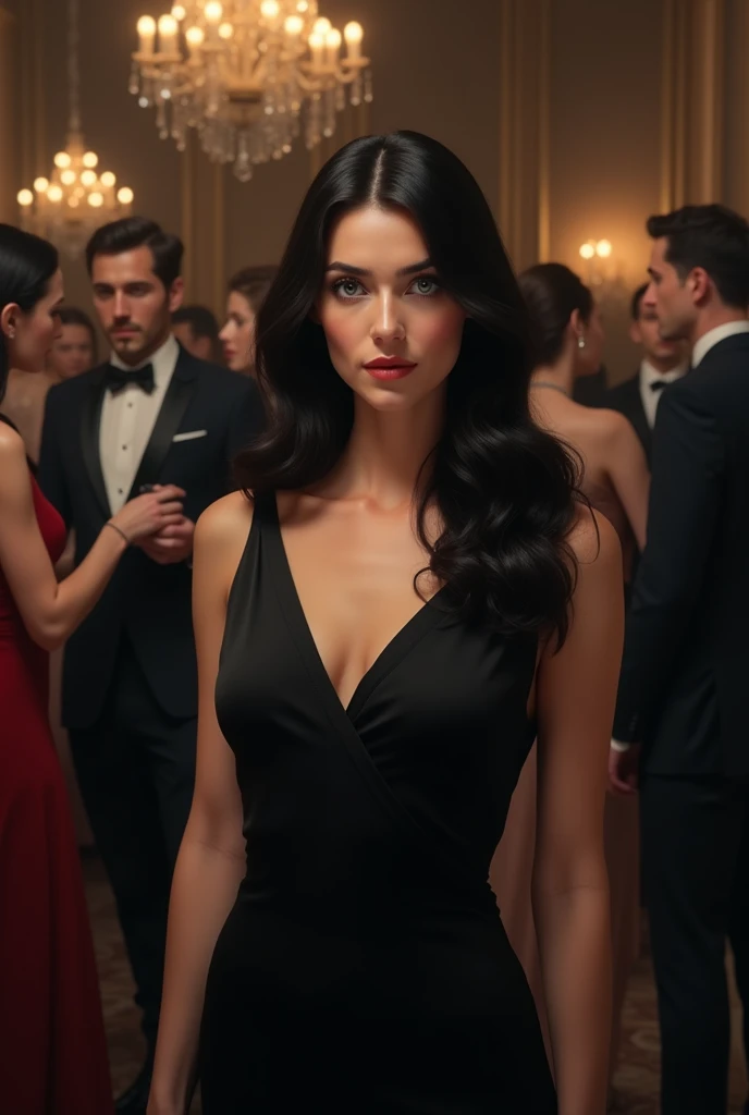 realist, Female gender, black hair, grey eyes,hair below the shoulders, with black dress, in the background a formal party