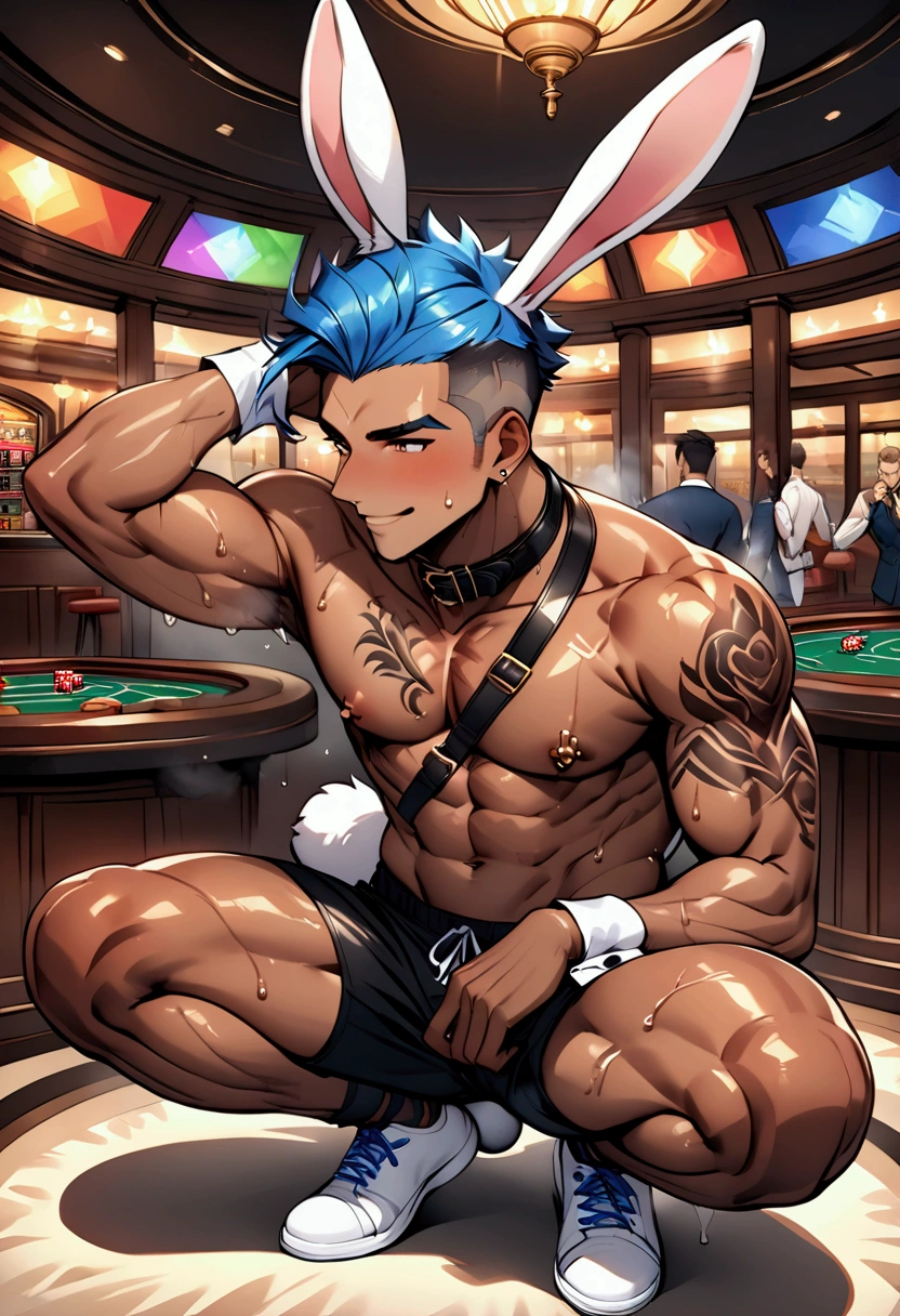 Highest quality、High resolution、Super detailed、perfect anatomy、Macho、male、Muscular、nipple piercing、tattoo on chest、tattoo on leg 、gay、Yaoi、full body、squatting、spread legs、arm behind head、(White bunny ears)、Wearing a collar、Shirtless with shoulder strap、Black shorts、Bunny's Tail、White wrist cuffs、colorful high-cut sneakers、Blue Hair、 Shaved head、Short Hair、Sports haircut、short hair、Brown skin、(sweat:1.3)、steam、smile、looking at the camera、Perfect Casino