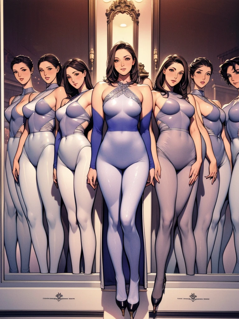 Full body picture:(masterpiece:1.2, best quality),(Very detailed),8K,wallpapeve women standing in a row,Full body picture,All wearing pantyhose,Figure skater,Tall figure,Long legs,muscular,((Silver Metal Squadron))